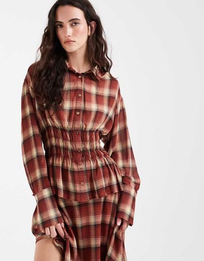 BRONZE SNAKE Bronze Snake soho plaid shirred waist shirt in red - part of a set-White