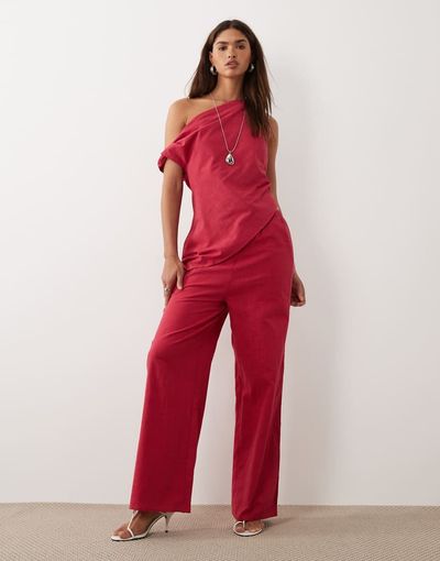 BRONZE SNAKE Bronze Snake Tasi off shoulder asymmetric cotton top and pants set in red