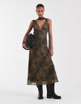 BRONZE SNAKE Bronze Snake V-neck midi dress with scarf in brown animal print-Green