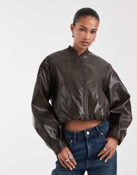 BRONZE SNAKE Bronze Snake zip up faux leather bomber jacket in brown