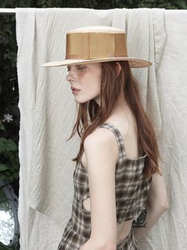 Brown Hat Flat Top Hat_ Beige