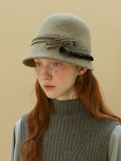 Brown Hat Frill Cloche Hat - Beige