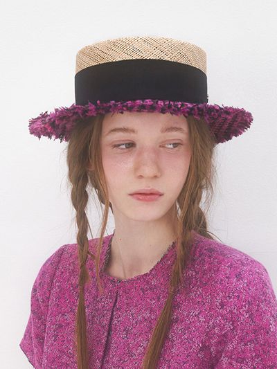 Brown Hat Tweed Boater Hat_Viva Magenta