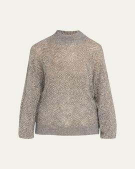 Brunello Cucinelli Airy Shimmer Open-Knit Mock Neck Sweater