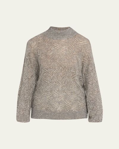 Brunello Cucinelli Airy Shimmer Open-Knit Mock Neck Sweater