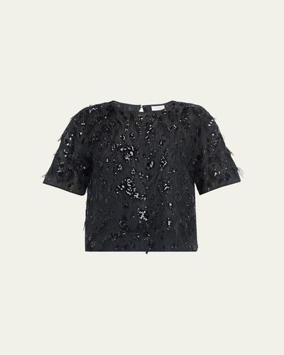 Brunello Cucinelli Animalier Sequined Fringe Silk Short-Sleeve Top