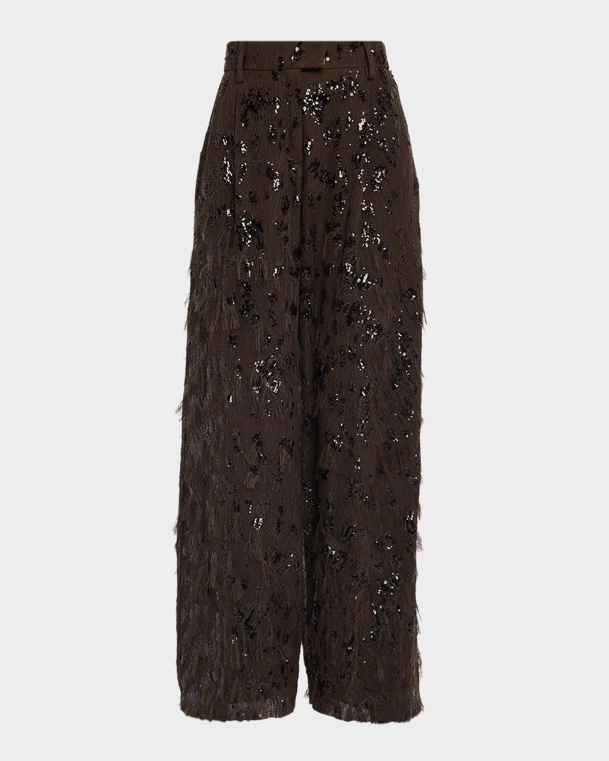 Brunello Cucinelli Animalier Sequined Fringe Silk Wide-Leg Trousers