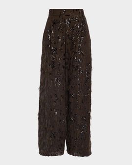 Brunello Cucinelli Animalier Sequined Fringe Silk Wide-Leg Trousers