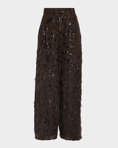 Brunello Cucinelli Animalier Sequined Fringe Silk Wide-Leg Trousers
