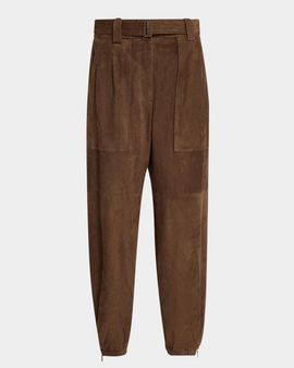 Brunello Cucinelli Belted Suede Baggy-Leg Ankle Cargo Pants