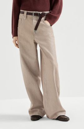 Brunello Cucinelli Brunello Cucinelli Beige lamé denim baggy trousers with monili