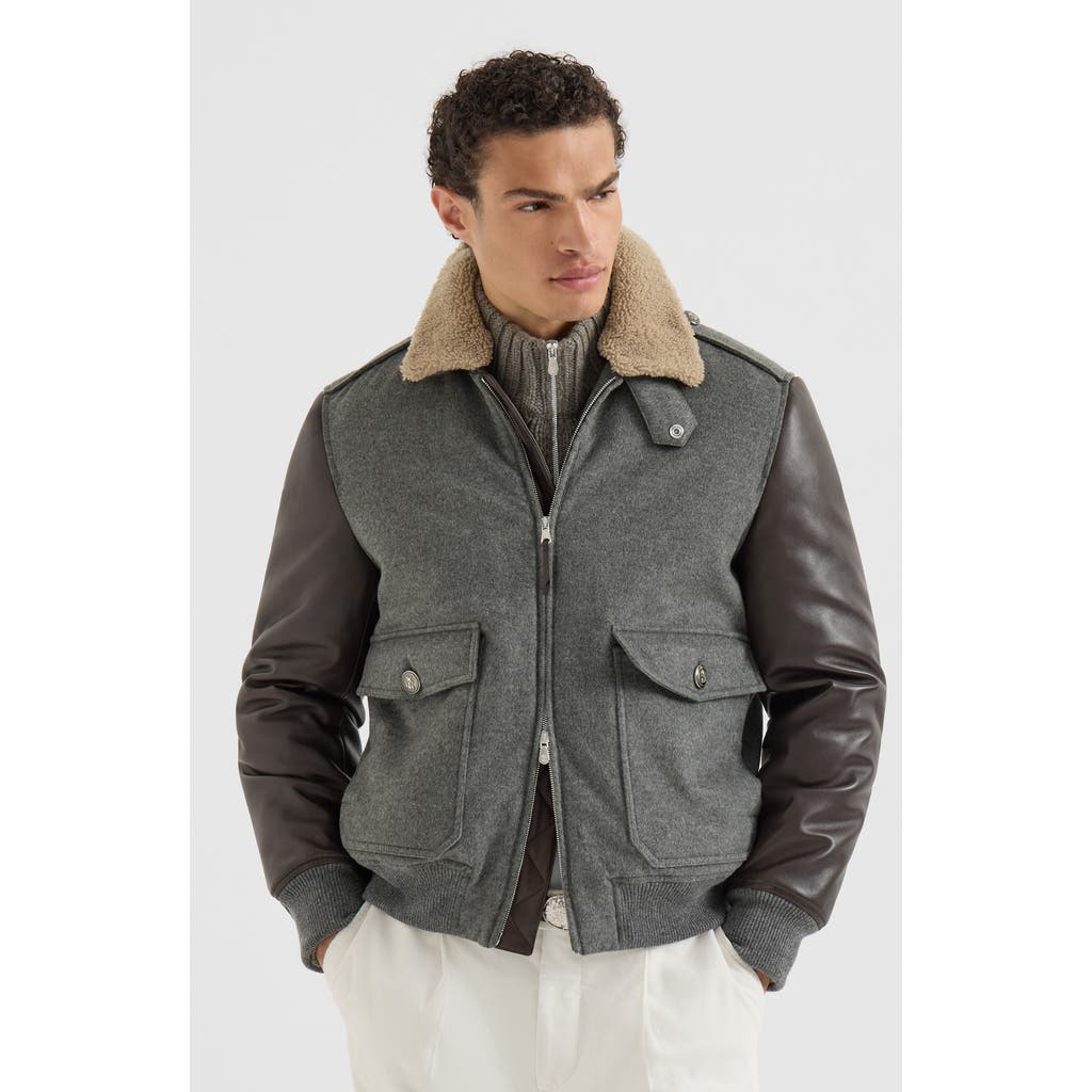 Brunello Cucinelli Brunello Cucinelli Bonded cashmere beaver cloth and nappa leather bomber jacket with Thermore® padding and detachable shearling collar