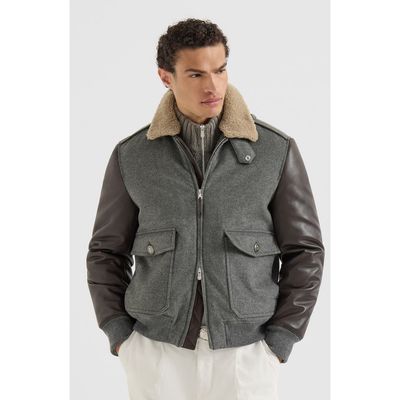 Brunello Cucinelli Brunello Cucinelli Bonded cashmere beaver cloth and nappa leather bomber jacket with Thermore® padding and detachable shearling collar