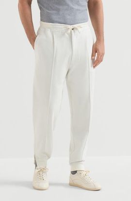Brunello Cucinelli Brunello Cucinelli Cashmere and cotton French terry double cloth trousers with Crête detail and elasticated zipper cuffs