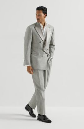 Brunello Cucinelli Brunello Cucinelli Cashmere and silk lightweight flannel tuxedo one-and-a-half breasted jacket and trousers with double pleats and waist tabs