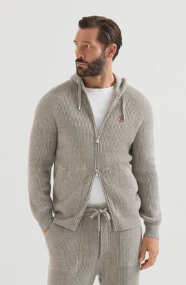 Brunello Cucinelli Brunello Cucinelli Cashmere English rib hooded knit sweatshirt with logo and zipper