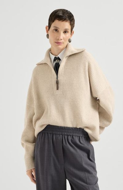 Brunello Cucinelli Cashmere English rib sweater with shiny zipper pull