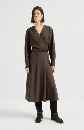 Brunello Cucinelli Brunello Cucinelli Comfort virgin wool and viscose twill dress with belt and monili