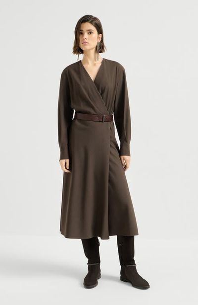 Brunello Cucinelli Brunello Cucinelli Comfort virgin wool and viscose twill dress with belt and monili