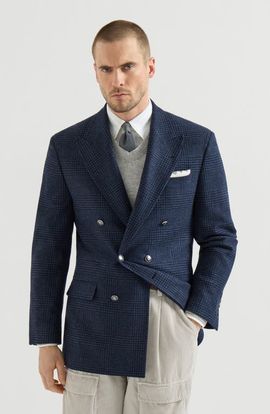 Brunello Cucinelli Brunello Cucinelli Comfort wool and cashmere Prince of Wales flannel one-and-a-half breasted Tailor blazer with metal buttons
