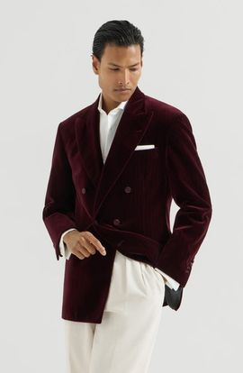 Brunello Cucinelli Brunello Cucinelli Cotton chalk stripe velvet one-and-a-half breasted tuxedo jacket with peak lapels