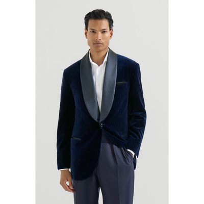 Brunello Cucinelli Brunello Cucinelli Cotton chalk stripe velvet tuxedo jacket with shawl lapels
