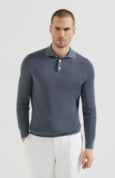 Brunello Cucinelli Brunello Cucinelli Cotton English rib knit polo with long raglan sleeves