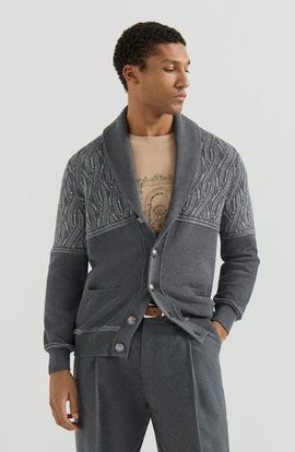 Brunello Cucinelli Brunello Cucinelli Cotton shawl collar cardigan with jacquard cable shoulder