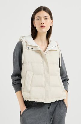 Brunello Cucinelli Brunello Cucinelli Lightweight matte nylon down vest with hood and shiny trim