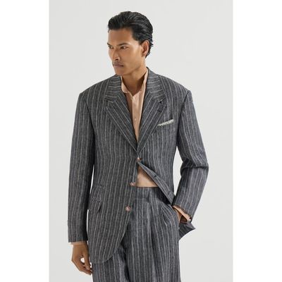 Brunello Cucinelli Brunello Cucinelli Linen chalk stripe chevron Tailor blazer with metal buttons