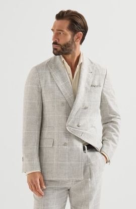 Brunello Cucinelli Brunello Cucinelli Linen Prince of Wales one-and-a-half breasted deconstructed blazer with metal buttons