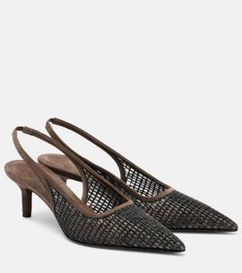 Brunello Cucinelli Brunello Cucinelli Monili 55 suede-trimmed slingback pumps