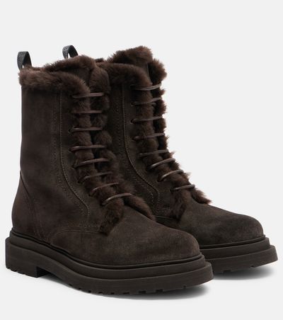 Brunello Cucinelli Brunello Cucinelli Monili shearling-trimmed suede lace-up boots