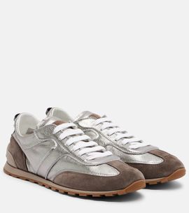 Brunello Cucinelli Brunello Cucinelli Monili suede-trimmed metallic leather sneakers