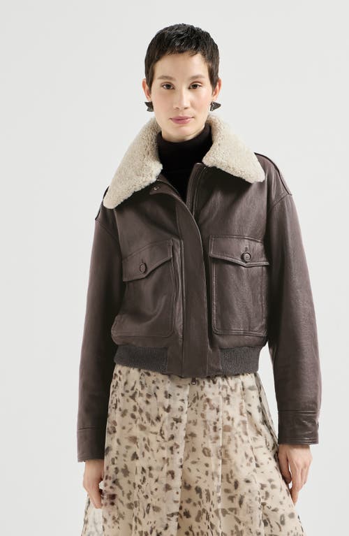 Brunello Cucinelli Brunello Cucinelli Polished nappa leather aviator jacket with detachable shearling collar and monili