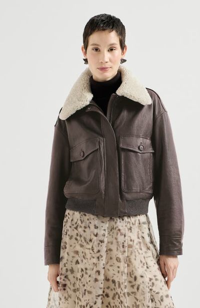 Brunello Cucinelli Brunello Cucinelli Polished nappa leather aviator jacket with detachable shearling collar and monili