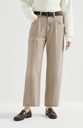 Brunello Cucinelli Brunello Cucinelli Prince of Wales denim contemporary square trousers with monili