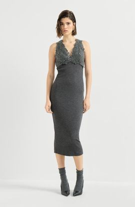 Brunello Cucinelli Brunello Cucinelli Ribbed Wool Jersey Dress With Dazzling Lace Embroidery