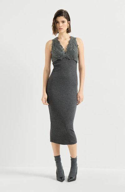 Brunello Cucinelli Brunello Cucinelli Ribbed Wool Jersey Dress With Dazzling Lace Embroidery