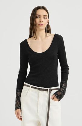 Brunello Cucinelli Brunello Cucinelli Ribbed wool jersey sweater with dazzling lace embroidery cuffs
