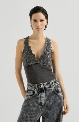 Brunello Cucinelli Brunello Cucinelli Ribbed wool jersey top with dazzling lace embroidery