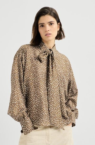 Brunello Cucinelli Silk dapple pongee pussybow blouse with monili