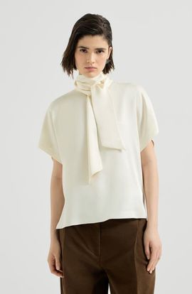 Brunello Cucinelli Brunello Cucinelli Silk satin high-neck t-shirt with monili