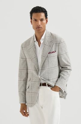 Brunello Cucinelli Brunello Cucinelli Silk, wool and cashmere Prince of Wales flannel deconstructed Cavallo blazer with metal buttons