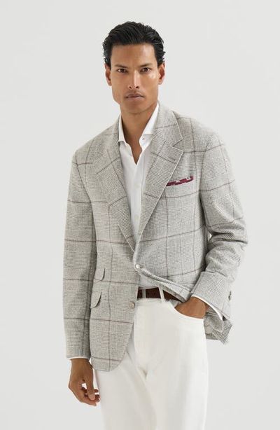 Brunello Cucinelli Brunello Cucinelli Silk, wool and cashmere Prince of Wales flannel deconstructed Cavallo blazer with metal buttons
