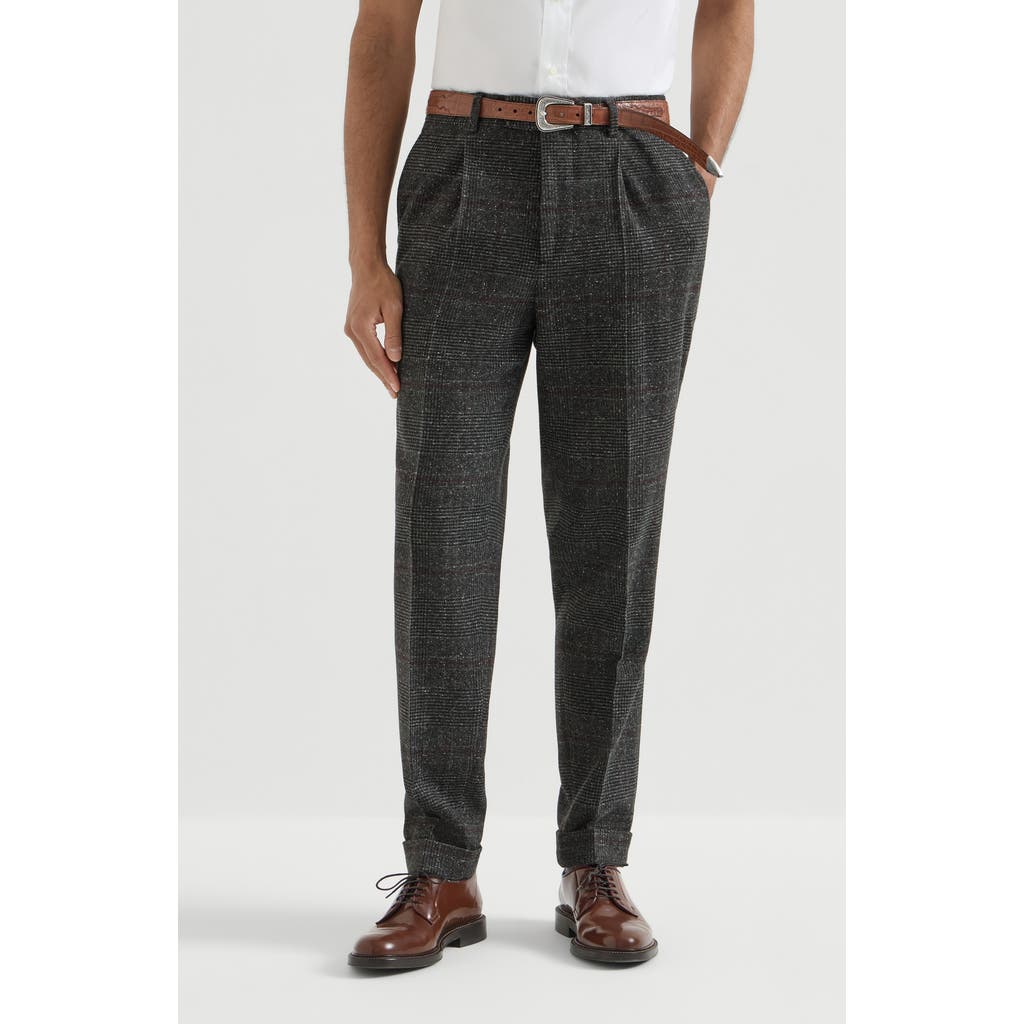 Brunello Cucinelli Brunello Cucinelli Silk, wool and cashmere Prince of Wales flannel trousers with pleat