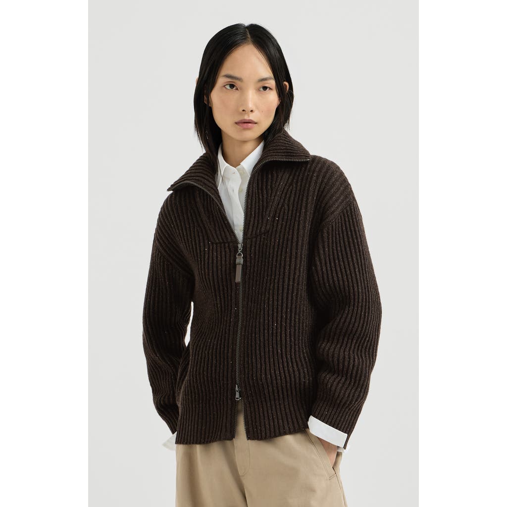 Brunello Cucinelli Brunello Cucinelli Sparkling & Dazzling cashmere and wool ribbed cardigan with shiny zipper pull