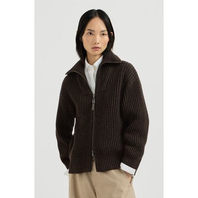 Brunello Cucinelli Brunello Cucinelli Sparkling & Dazzling cashmere and wool ribbed cardigan with shiny zipper pull