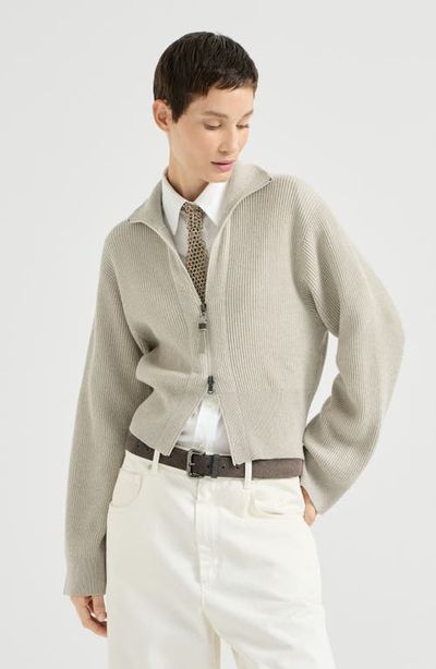 Brunello Cucinelli Sparkling cashmere English rib cardigan with shiny zipper pull