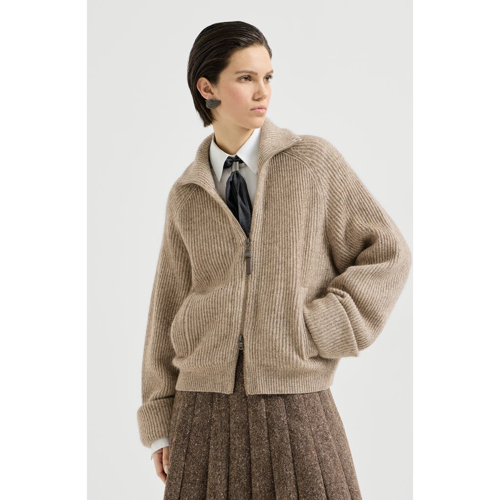 Brunello Cucinelli Brunello Cucinelli Sparkling cashmere, mohair and wool ribbed cardigan with shiny zipper pull